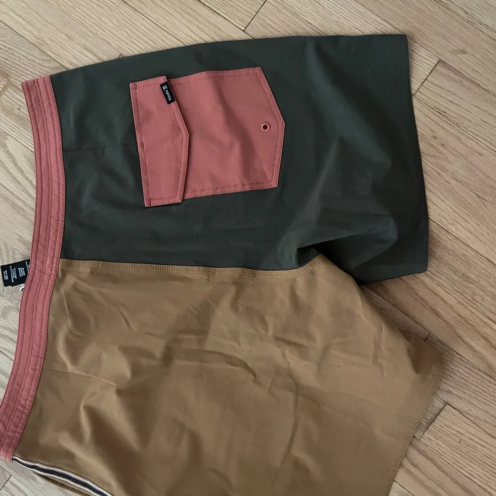 Roark Olive Green & Tan Colorblock Swim Shorts with Dusty Rose Waistband